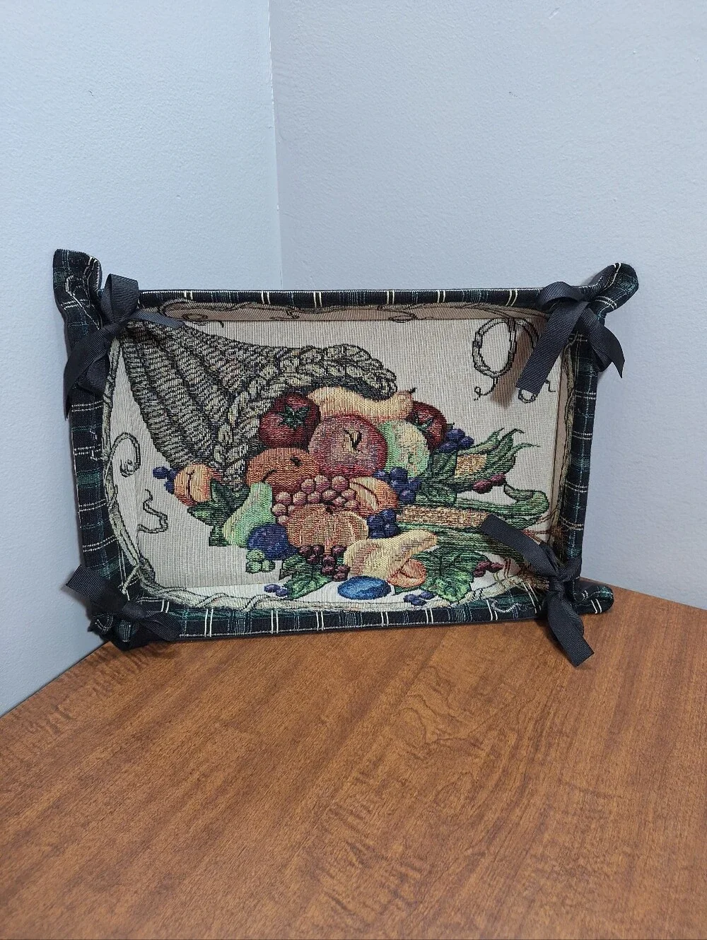 Fall Harvest Woven Tapestry Plaid Tray Bread Basket Cornucopia Fruit Decor 15x10